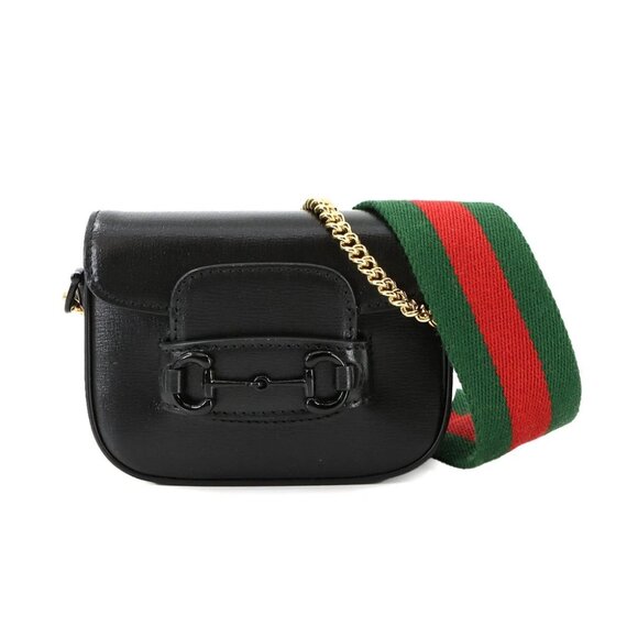 GUCCI Horsebit 1955 Mini Chain Hand Shoulder Bag Leather Black 726863 90282768 - Picture 1 of 9